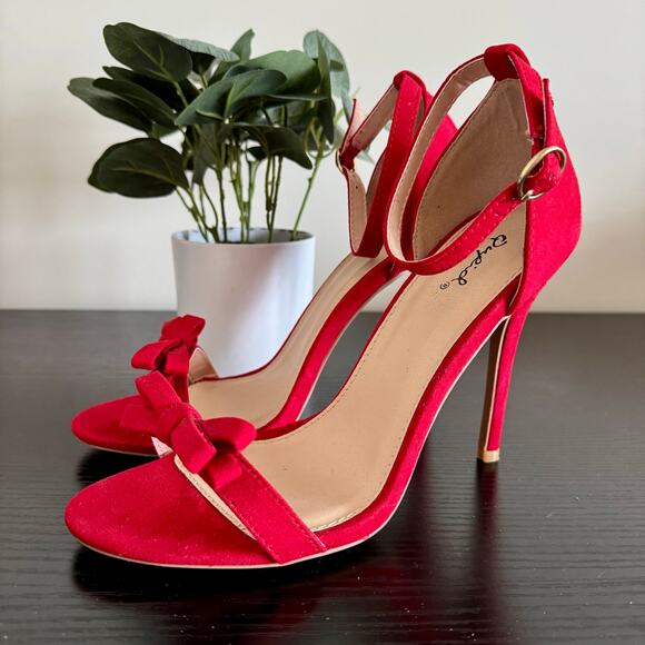 Qupid | Red Suede Bow Stiletto Heels - Picture 1 of 6